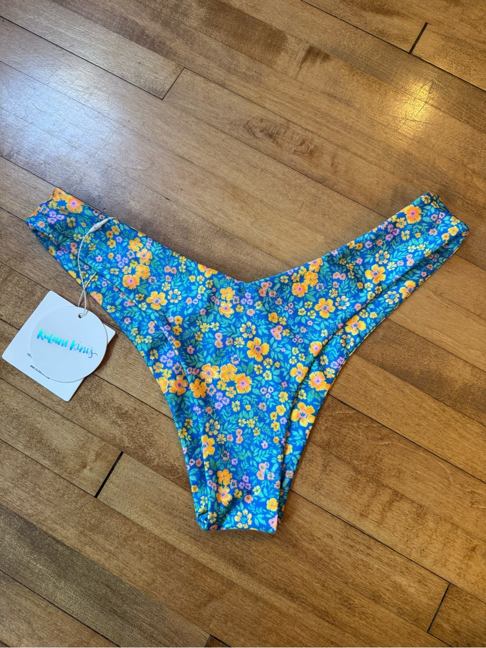 Kulani Kinis Blue Floral Bikini Bottom with Yellow Flowers